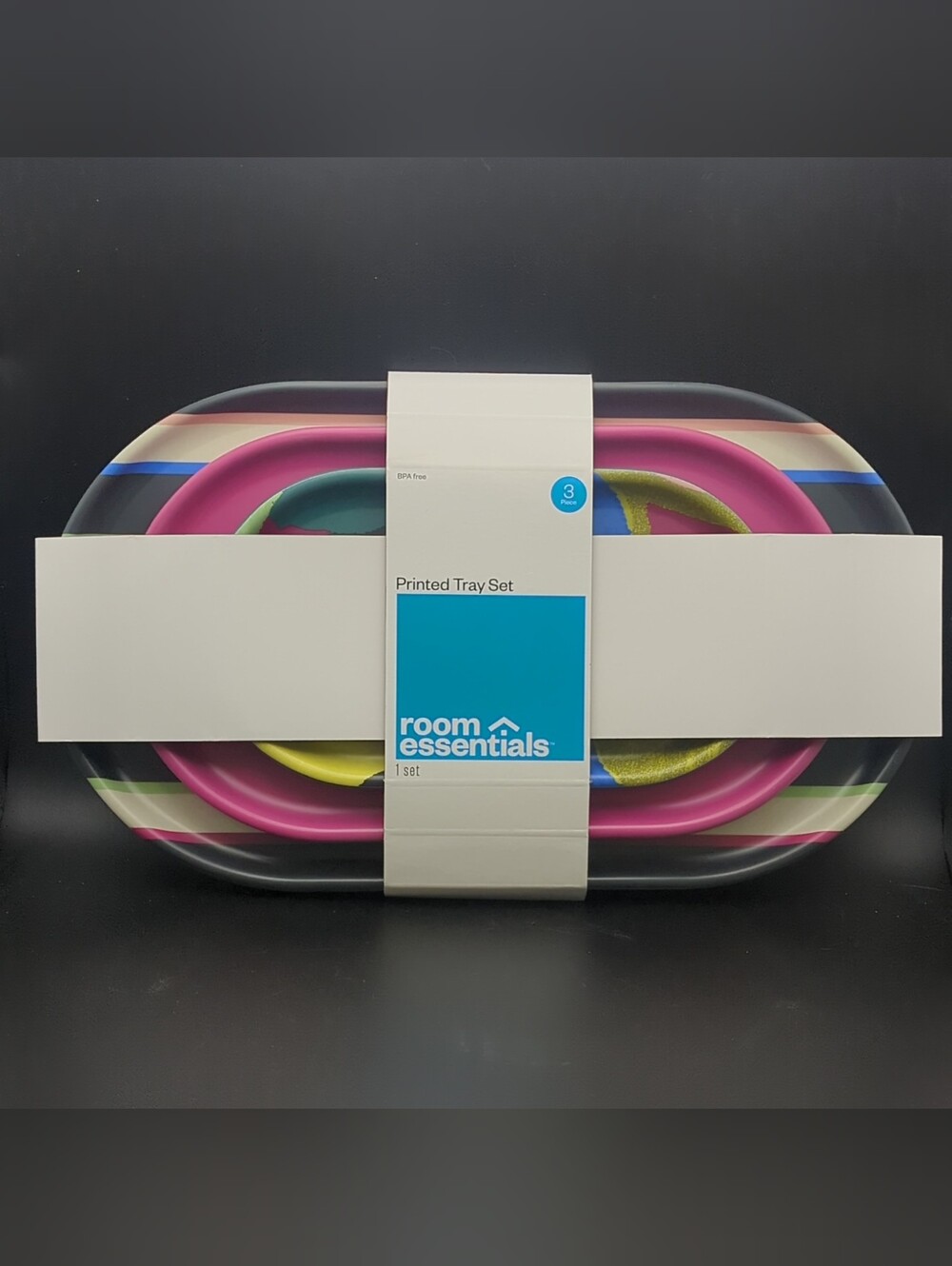 3 Piece Multi Color / Multi Size Tray Set in Stripes, Solid And Abstract